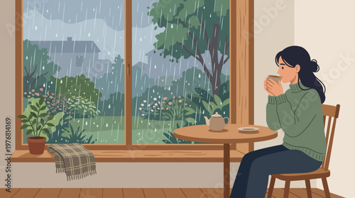 Woman Sitting Alone at Table Drinking.