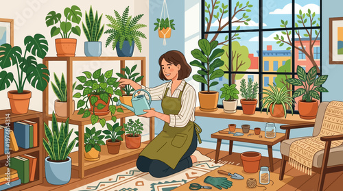 Woman watering houseplants with care indoors.