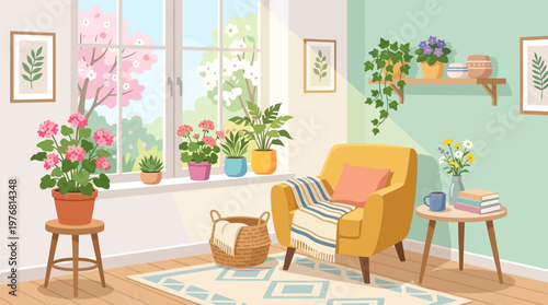 Yellow armchair with peach pillow.