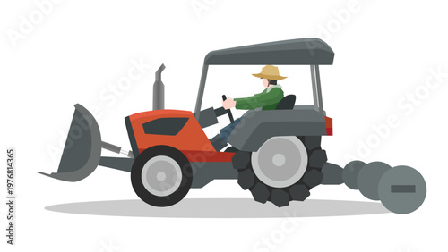 Object or textured of tractor car with driving man. Install a soil shovel along with a three stage plow for preparing agricultural land. with shadow on white backgrond.