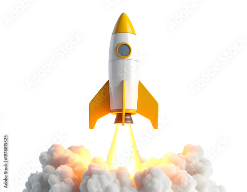Sleek, cartoon-style rocket blasting off with fiery exhaust