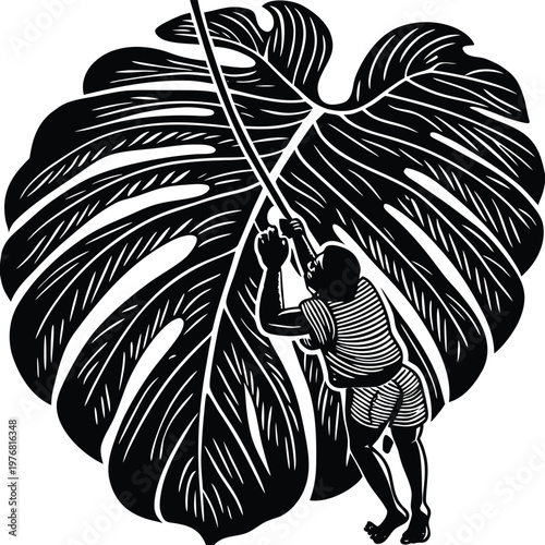 A person climbing a large leafy plant