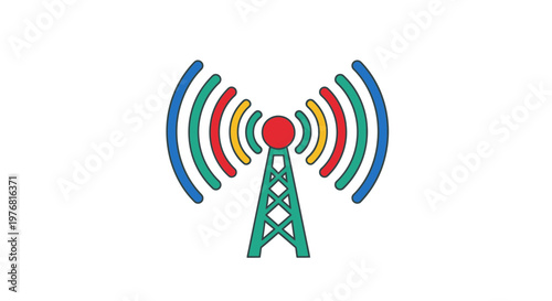 Colorful radio tower with vibrant signal waves on white background symbolizing communication technology
