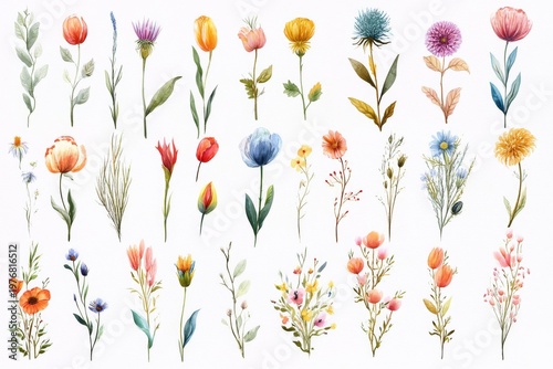 Watercolor flowers in pastel tones, on a white background