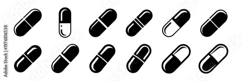 Capsule and pill icons silhouette isolated transparent background medicine pharmacy health care vector illustration set