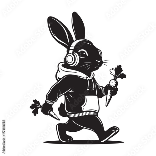 Urban Rabbit Character in Hoodie Running with Carrot