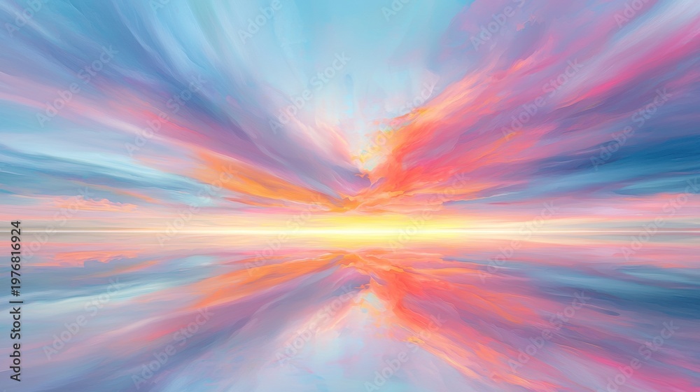 Obraz premium A vibrant sunset paints the sky with hues of pink, orange, and yellow, reflected in a calm body of water below.