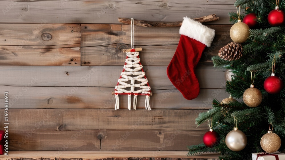 Obraz premium Cozy Holiday Decor with Handmade Christmas Tree and Stocking on Rustic Wooden Background