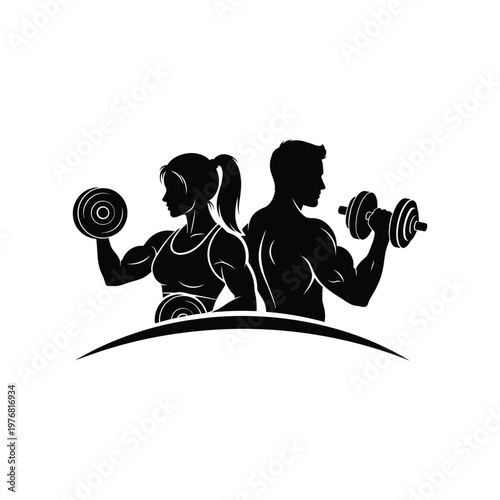Man and woman lifting dumbbells in fitness studio with exercise equipment