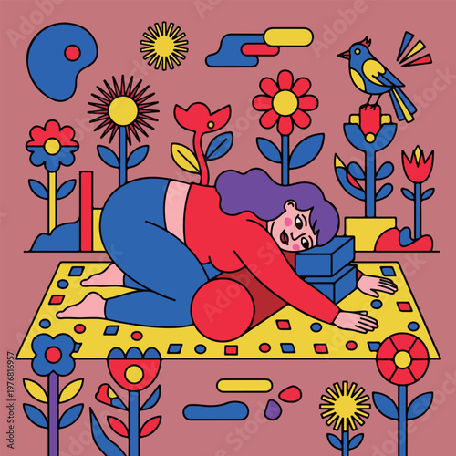 Woman in Child's Pose with Bird and Flowers