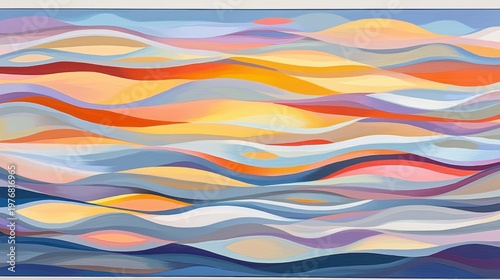 A vibrant abstract painting with a dynamic wave pattern in warm and cool colors.