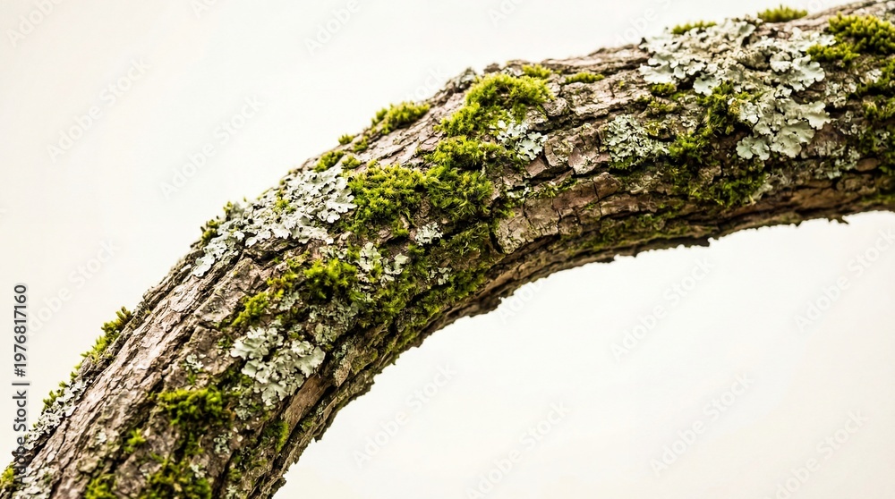 Fototapeta premium A tree branch covered in moss and lichen against a bright sky