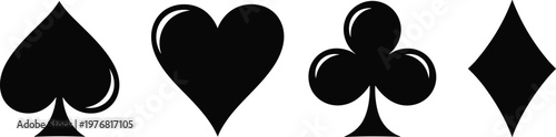 Four Black Playing Card Suits Spades Hearts Clubs Diamonds On White Keywords: playing cards, card suits, spades, hearts, clubs