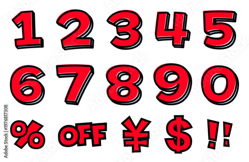セールの数字・記号セット。赤い文字と黒太線の0-9、％、OFF、¥、$、!!。ポップな広告用素材。