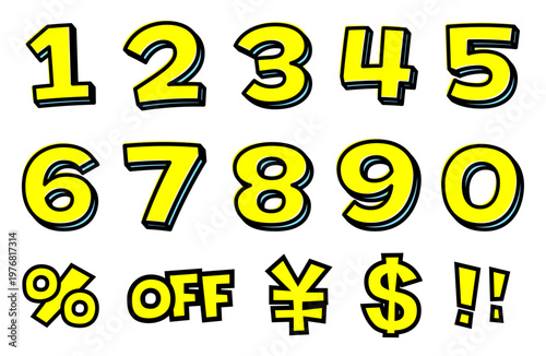 セールの数字・記号セット。黄色い文字と黒太線の0-9、％、OFF、¥、$、!!。ポップな広告用素材。