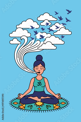 Meditating Woman with Birds and Clouds