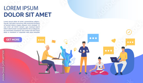 People working on computers in modern office, sample text