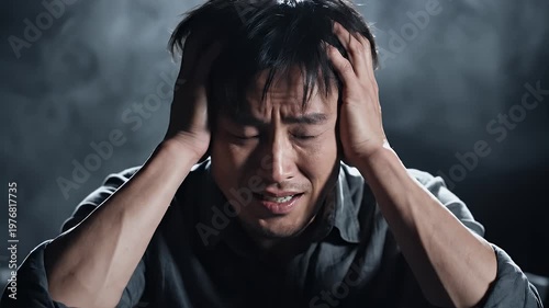 A young man with dark hair appears distressed, holding his temples with a pained expression against a blurred, smoky background.