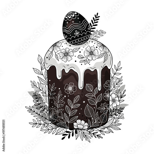 Easter Cake with Decorated Egg and Floral Wreath, Black and White Line Art