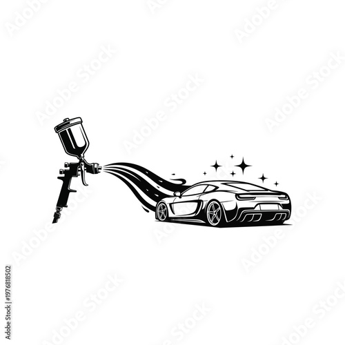 A car is being spray painted by a machine in a workshop environment.