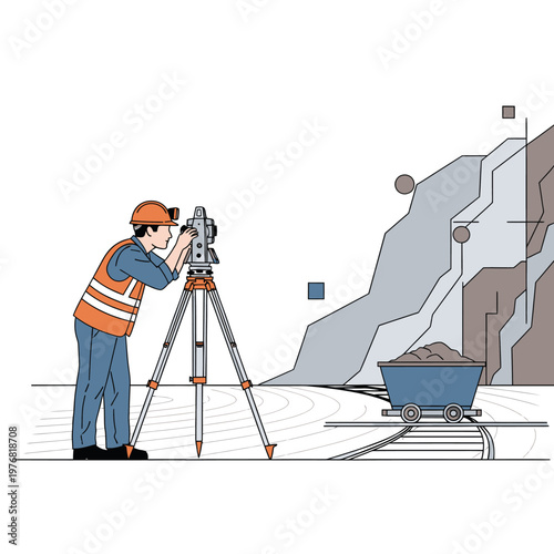 Surveyor using a theodolite to measure the land near a mine with a cart full of rocks