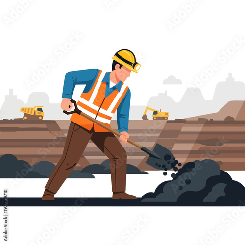 Diligent industrial worker in safety gear shoveling raw materials at an active open-pit mine, illustrating the critical human labor and heavy equipment driving resource extraction