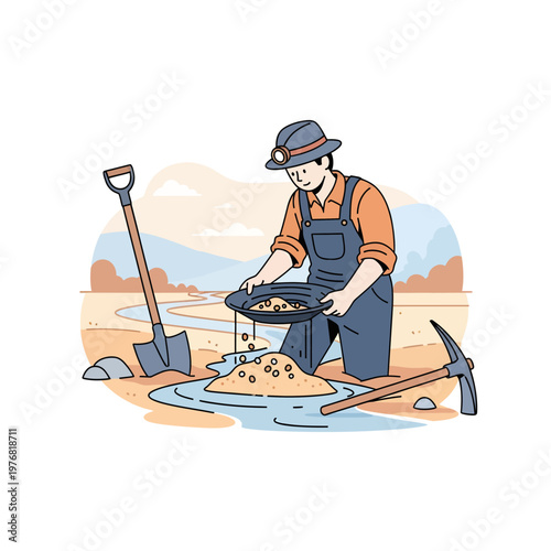 Dedicated prospector diligently panning for gold nuggets in a river with traditional tools. A visual representation of the diligent search for valuable minerals and wealth