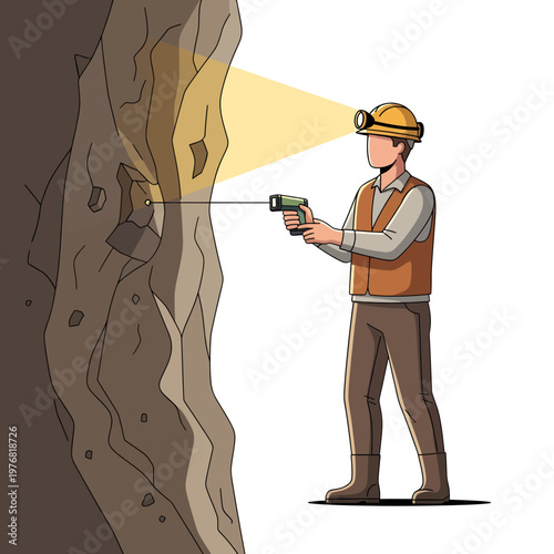 Geoscientist actively exploring a dark cave, utilizing advanced scanning equipment to meticulously analyze subterranean rock formations and identify valuable mineral deposits