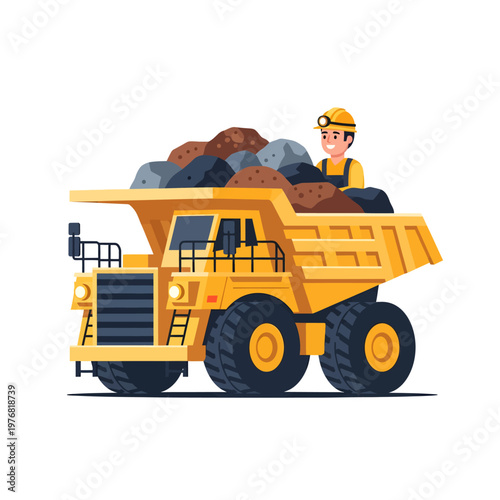 A detailed vector illustration of a mining dump truck loaded with rocks, driven by a cheerful worker in a helmet, symbolizing industrial operations and resource extraction