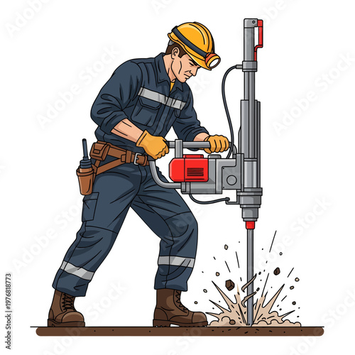 Vigorous worker in safety gear powerfully operates a jackhammer, actively breaking ground. This dynamic illustration showcases demanding industrial excavation and diligent construction work