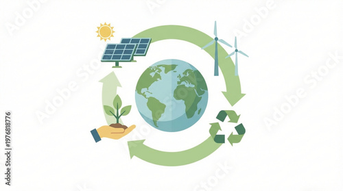Earth with eco friendly symbols around.