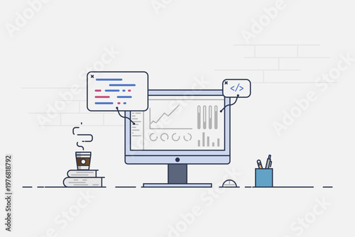 Modern flat color line concept web banner web design Apps development and digital marketing concep and graphic design.