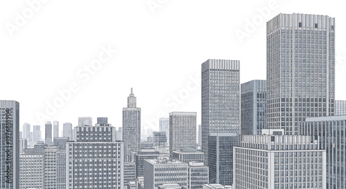 A vast cityscape with numerous skyscrapers under a bright, clear sky, showcasing a sprawling urban environment