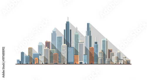 An artistic illustration of a modern city skyline featuring various skyscrapers casting long shadows on a white background, representing urban development