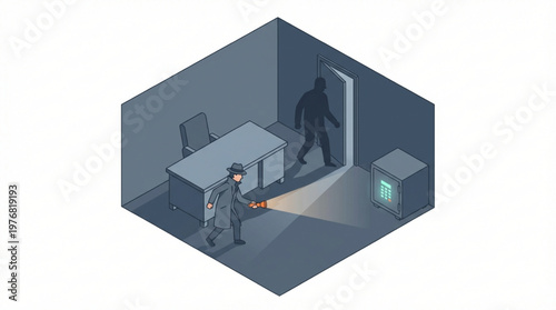 Person holding a flashlight in office.