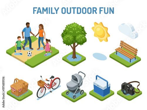 Enjoying Quality Time Outdoors A Collection of Elements Depicting Family Recreation and Leisure Activities