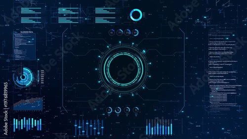 High tech interface screen circular HUD display, charts, graphs analytics panels background. data monitoring system visualization for technology presentations dashboards cybersecurity innovation media