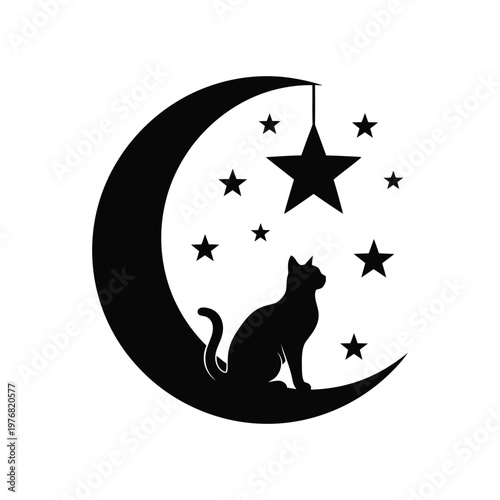 A black cat sits on a crescent moon gazing at a star.