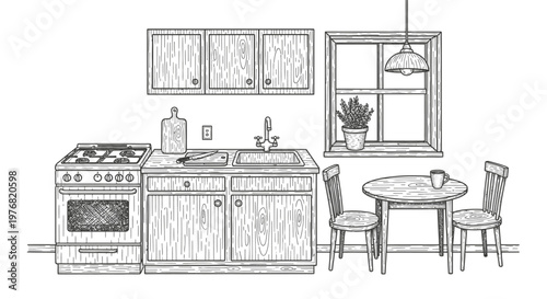 Black and white kitchen illustration with furniture and appliances