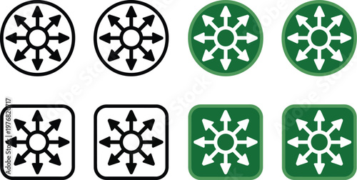 Directional arrow navigation icon set, vector UI icons in circular and square frames for navigation indicators app interface controls and digital interaction design.