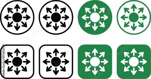 Directional arrow navigation icon set, circular and square frame icons for user interface controls movement guidance app design and interactive digital systems.