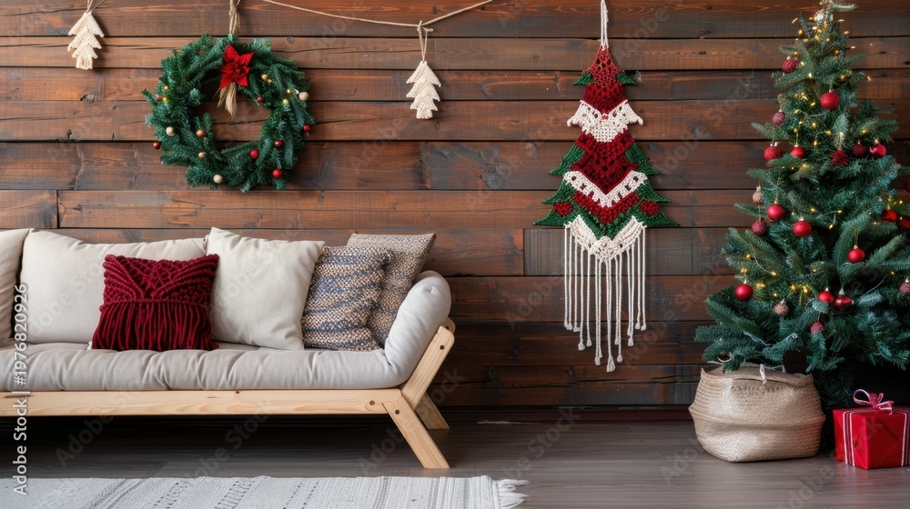 Obraz premium Cozy Christmas Living Room Decor with Tree, Wall Hanging, Wreaths, and Festive Accents for a Warm Holiday Atmosphere