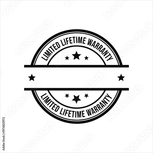 Circular limited lifetime warranty emblem with stars and banner for text Vector Illustration Isolated on white background