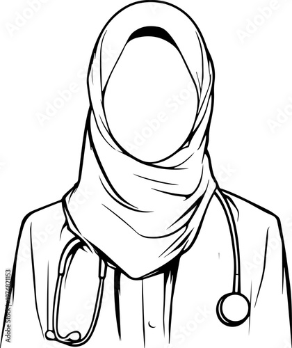 Hand Drawn Beautiful Female Doctor Wearing Hijab Black and White Illustration in Minimal Line Art Style Design