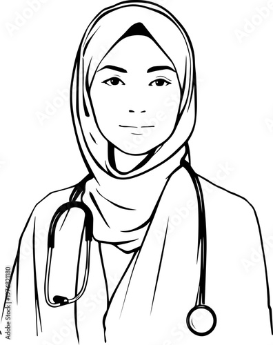Hand Drawn Beautiful Female Doctor Wearing Hijab Black and White Illustration in Minimal Line Art Style Design