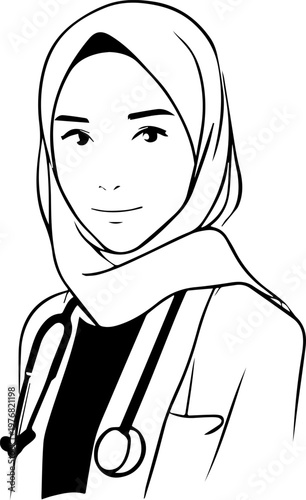 Hand Drawn Beautiful Female Doctor Wearing Hijab Black and White Illustration in Minimal Line Art Style Design