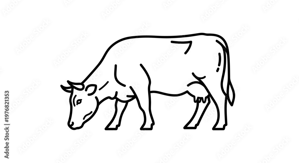 Fototapeta premium Black and white line drawing of a cow grazing in a field