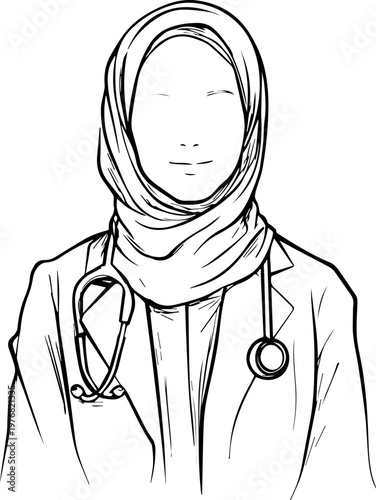 Hand Drawn Beautiful Female Doctor Wearing Hijab Black and White Illustration in Minimal Line Art Style Design