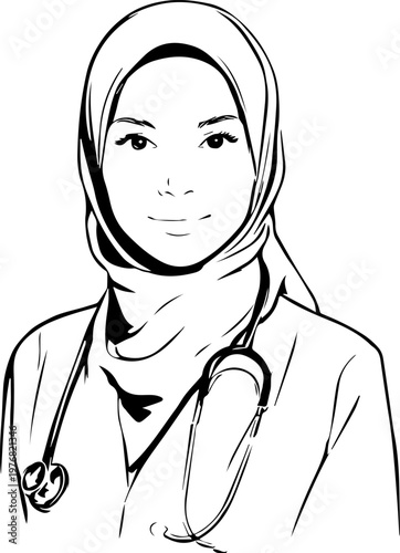 Hand Drawn Beautiful Female Doctor Wearing Hijab Black and White Illustration in Minimal Line Art Style Design