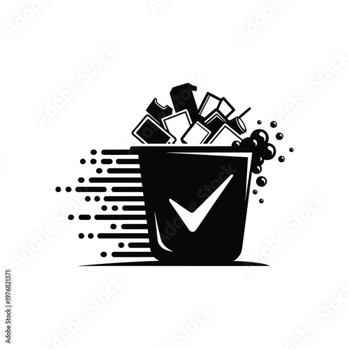 A graphic illustration of a bucket filled with various objects and a checkmark on the front against a background of lines and dots.